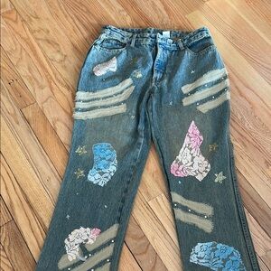 Stylish Women's Jeans with Artistic Patches size 12